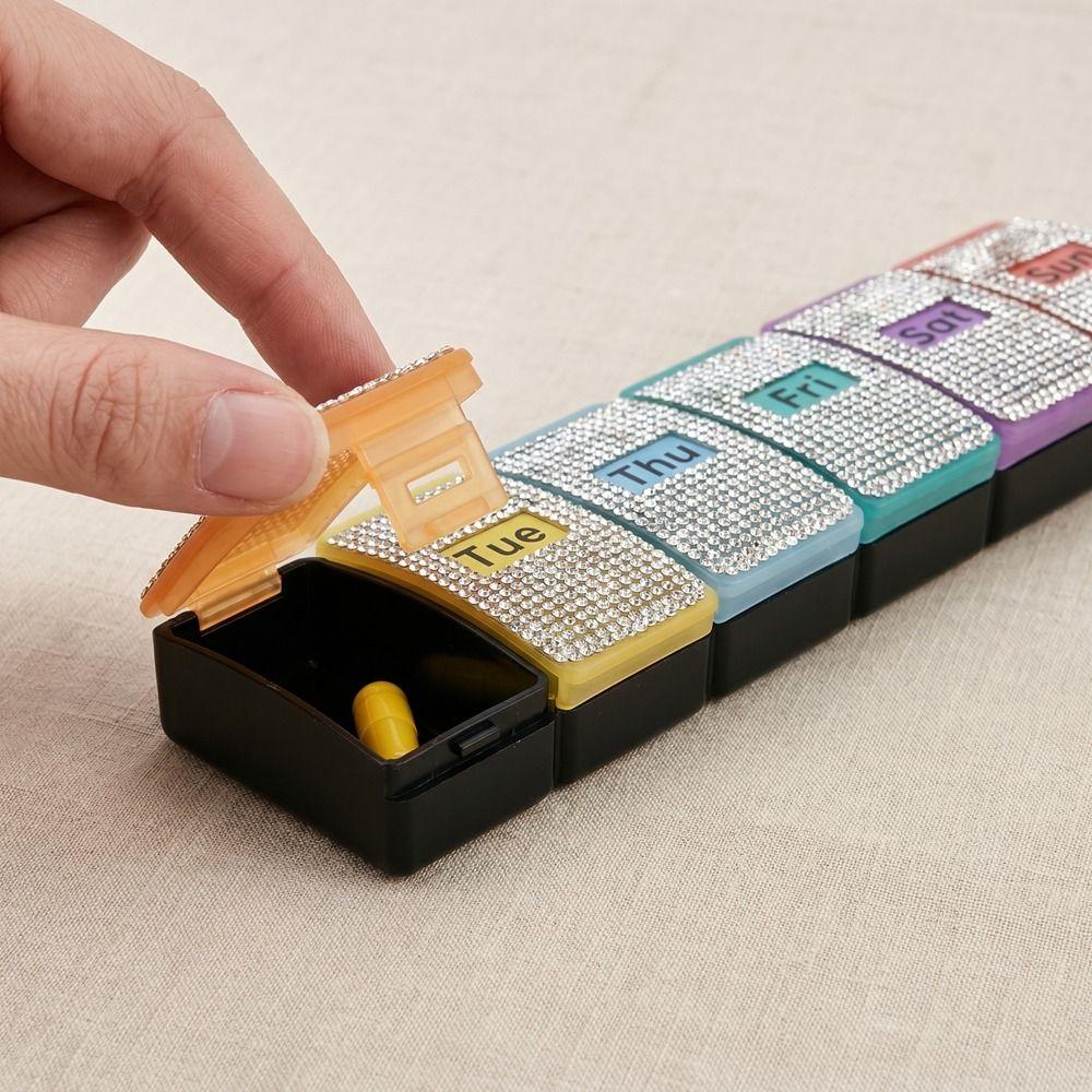 7 Grids Colorful Rhinestone Pill Box Plastic Weekly Pill Box Vitamin Storage Container Fish Oil