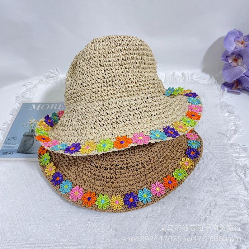 Flower straw bucket hat women's spring and summer breathable sunshade imitation sun hat bucket hat small fresh face small straw hat
