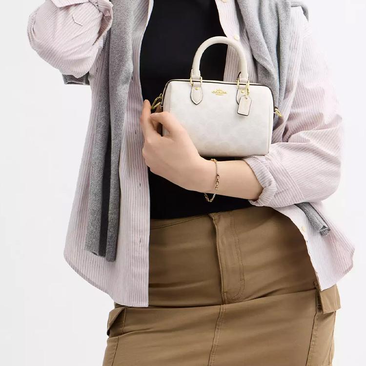 Coach Rowan 18 Classic Logo Print Coated Canvas Shoulder Tote Bag Small Women bags Gold White CW329-IMXU5