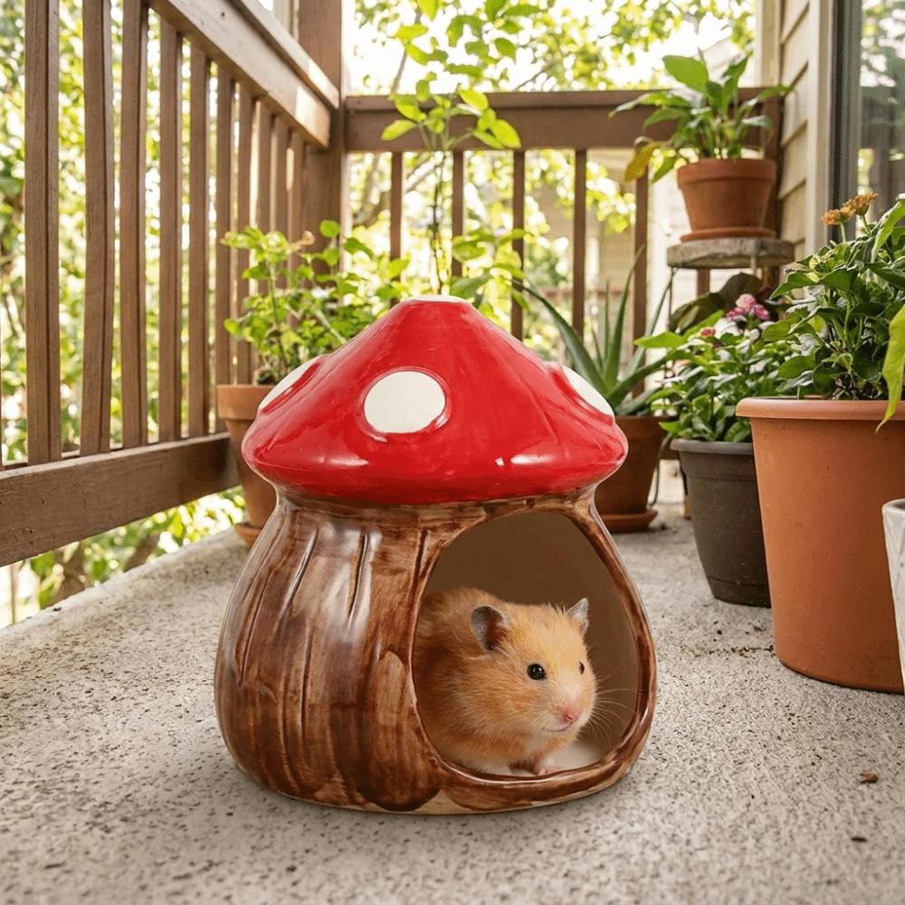 Mushroom Shaped Ceramic Hamster Hideout Chew-Proof Pet Sleeping Nest for Turtle Hedgehog