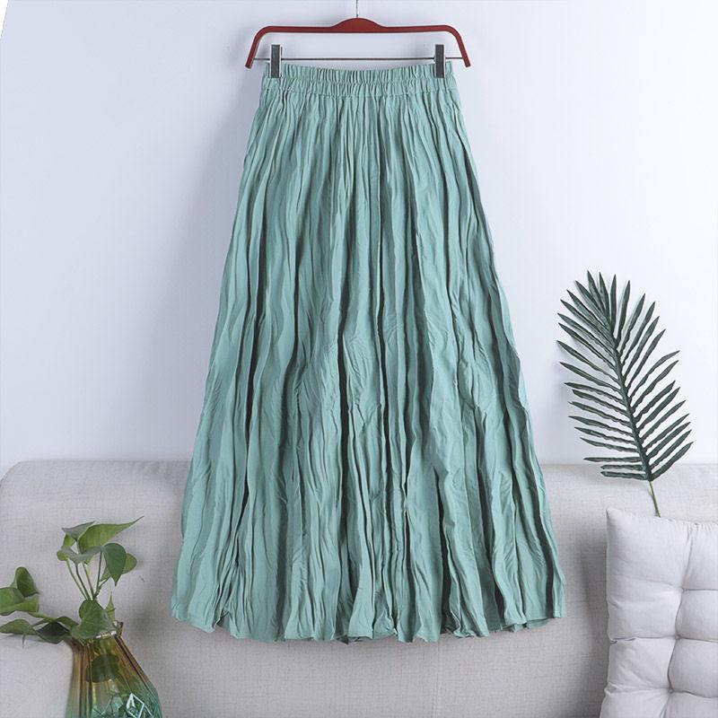 MOJTA Women's Mid-length Skirt Spring Summer Elastic High Pleated Waist Skirt A-line Skirt