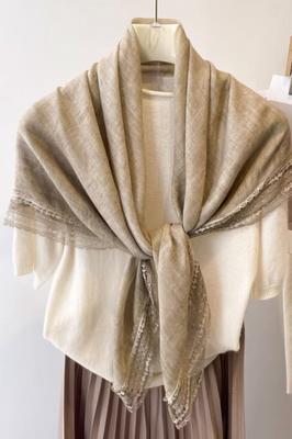 Beige Cotton Shawl with Lace - 100X100 , Natural Elegance