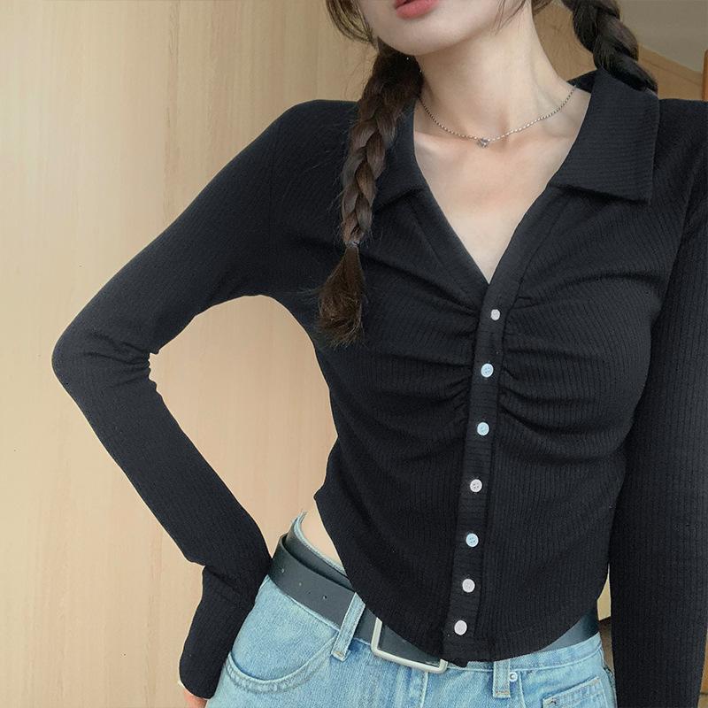 Дизайнерская футболка-поло Niche с длинными рукавами и эластичным воротником для женщин на осень, утягивающая внутренняя многослойность, кардиган в стиле Pure Lust, нижняя часть верха