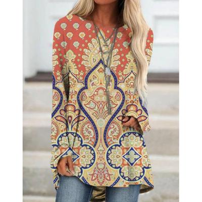 Осенняя женская футболка с длинным рукавом, пуловер с круглым вырезом, свободный топ, богемная футболка с принтом в стиле ретро, ​​повседневная уличная одежда, повседневная рубашка