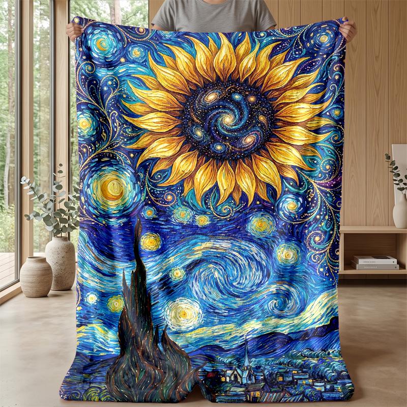 Sunflower Starry Night Theme blanket Lightweight Warm Flannel Blanket Decorative Throw Blanket for Home Decoration