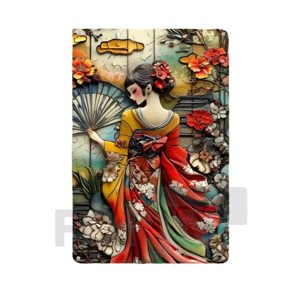 Японская гейша кимоно металлический знак, 2D элегантный японский постер с цветущей вишней, для дома, комнаты, офиса, идзакая, кафе, студии настенный декор