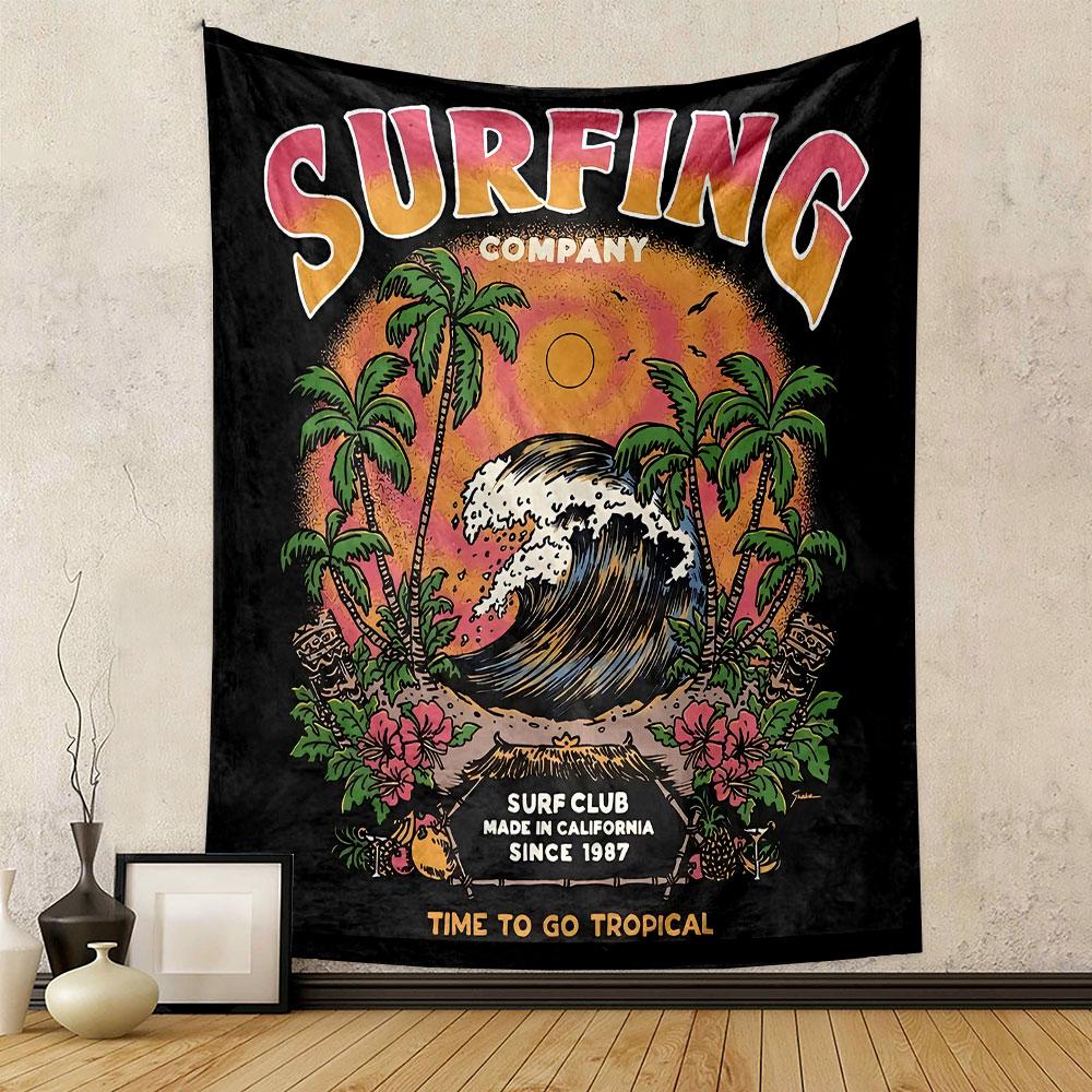 Surf Club Tapestry Wall Hanging, Retro California Surf Company Logo, Beach Wall Decor for Bedroom Living Room Dorm