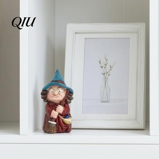 Halloween Witch Ornament on Broomstick Resin Figurine, Gnome Statue with Wizard Hat, For Shelf Vintage Spooky Decor for Desk Table, Gift Lovers