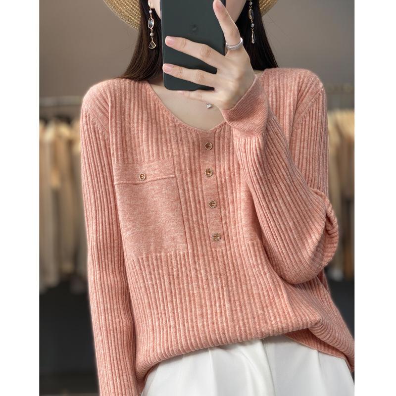 DAFIFY Women's Fashion Casual Fall Winter Solid Color Print Long Sleeve V-Neck Sweaters