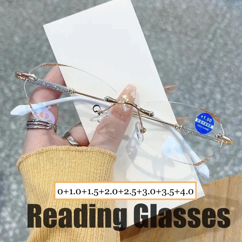 Ladies Fashion Luxury Reading Glasses Trendy Ultralight Rimless Diamond Cut Presbyopia Men Women Retro Vintage Far Sight Glasses