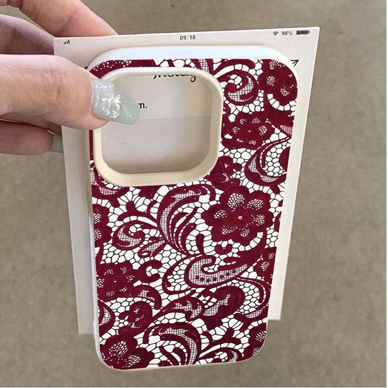 Красный кружевной чехол с цветочным узором для iPhone 17 16 15 14 Plus 13 12 11 Pro MAX Air 16E Защитное стекло Чехол Ударопрочная крышка