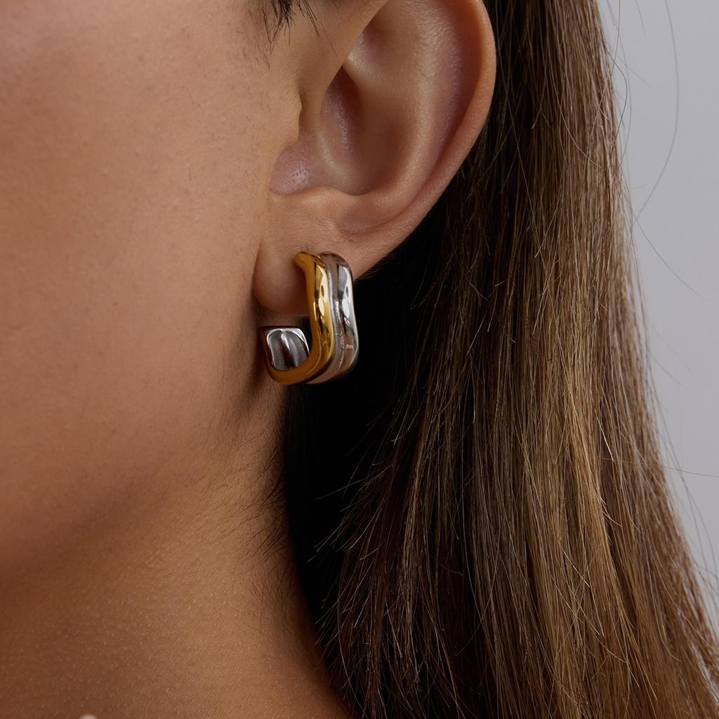 Yori Double Color Stainless Steel Metal Wave C-shaped Stud Earrings for Women Waterproof PVD Gold Plated Jewelry Gift