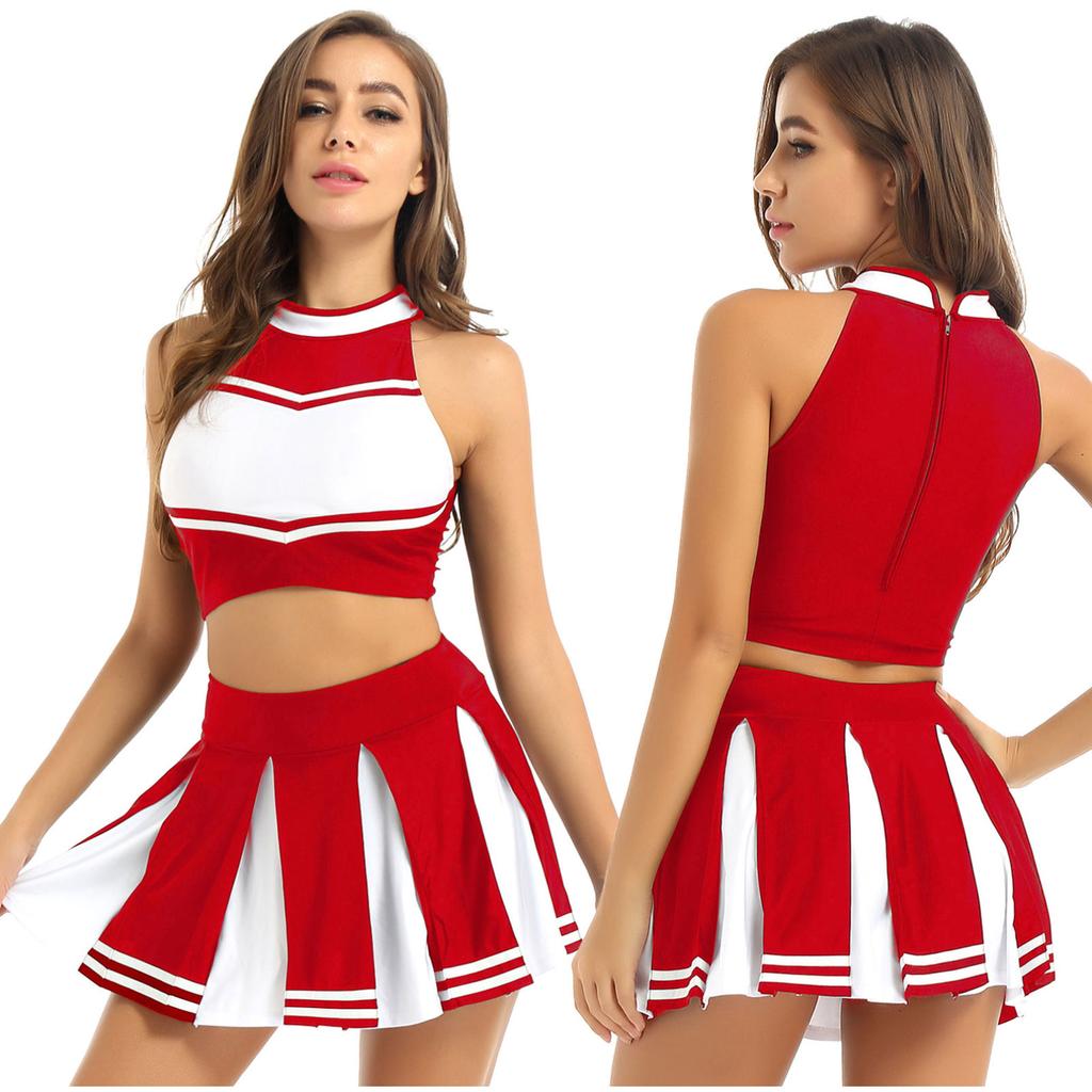 Women Cheer Leader Costume Uniform Cheerleading Adult Cosplay Outfit Crop Top with Pleated Mini Skirt