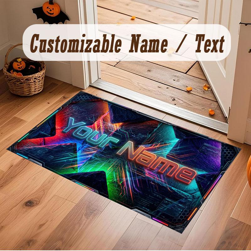 City Cyberpunk Theme Crystal Velvet Floor Rug Personalized Custom Name Text Warm Carpet Home Decoration