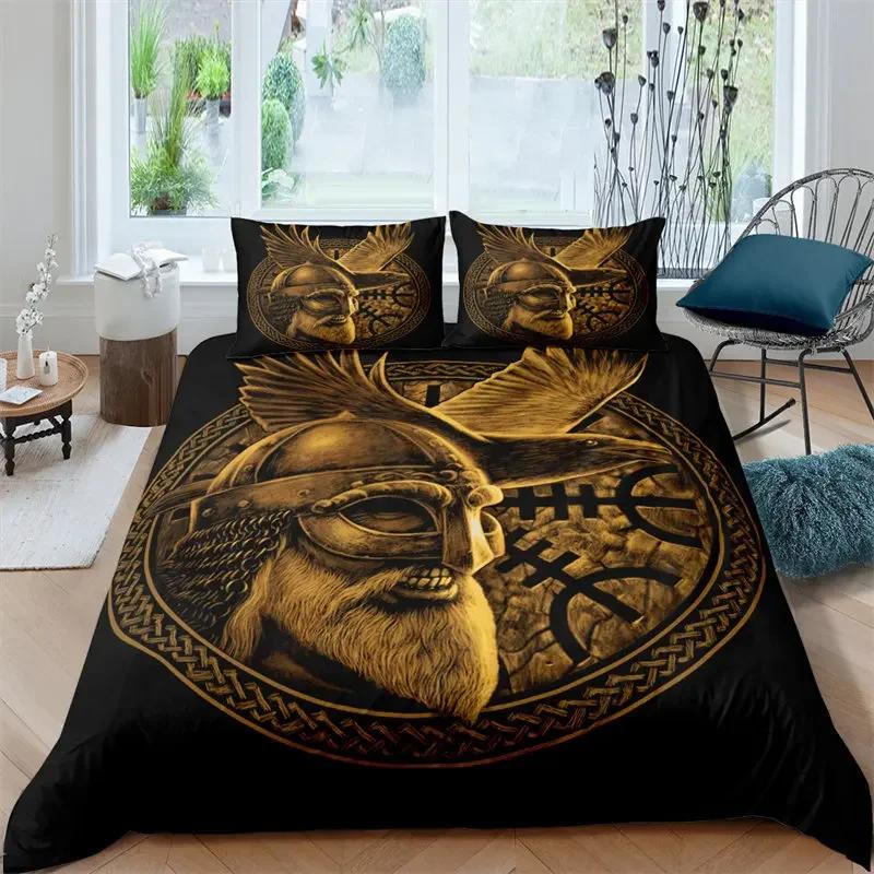 Viking Duvet Cover Set King/Queen Size Slate Blue Mjolnir Pattern Bedding Set Northern Germanic Culture Polyester Quilt Cover