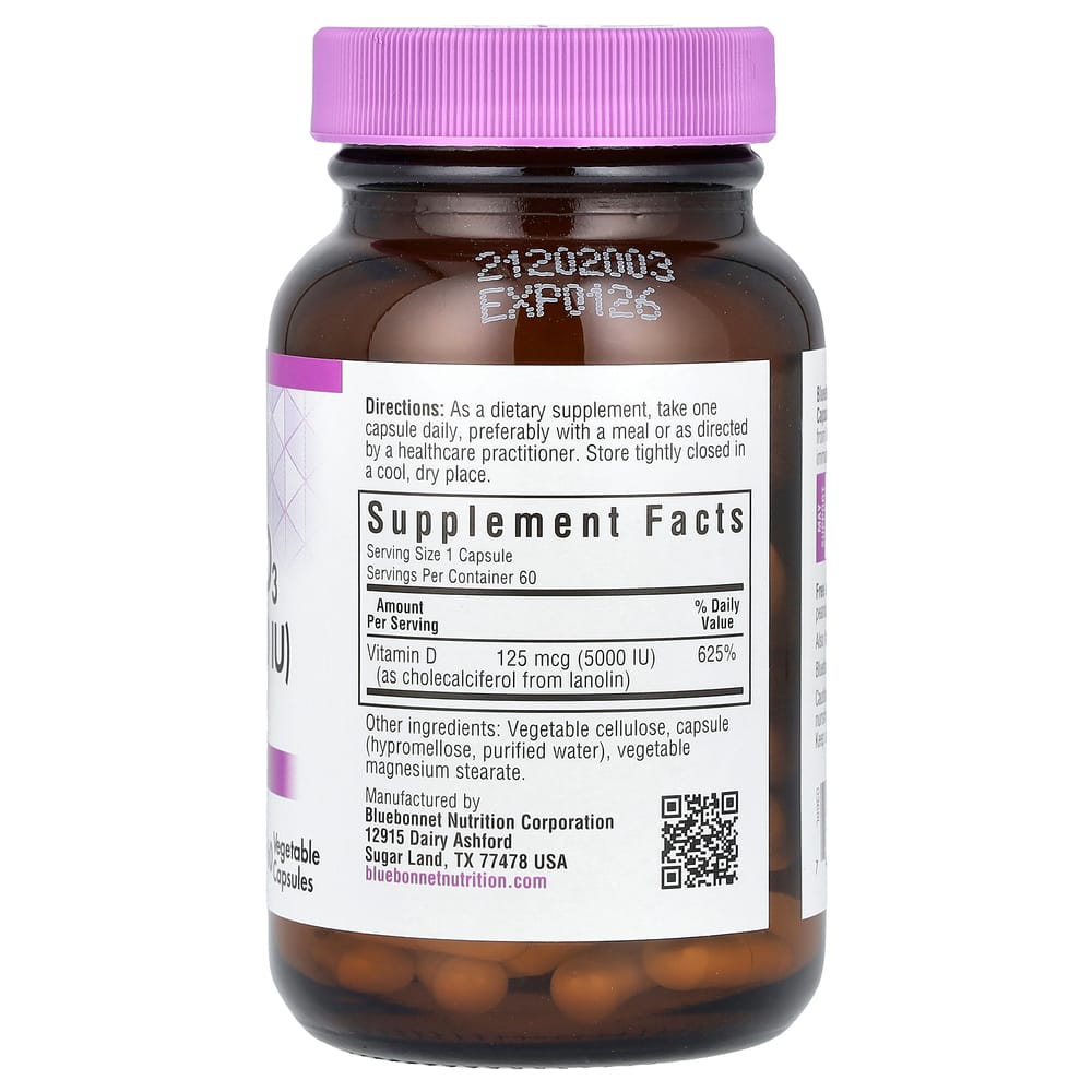 Bluebonnet Nutrition Витамин D3 5000 МЕ Вегетарианские Капсулы 60 Штук