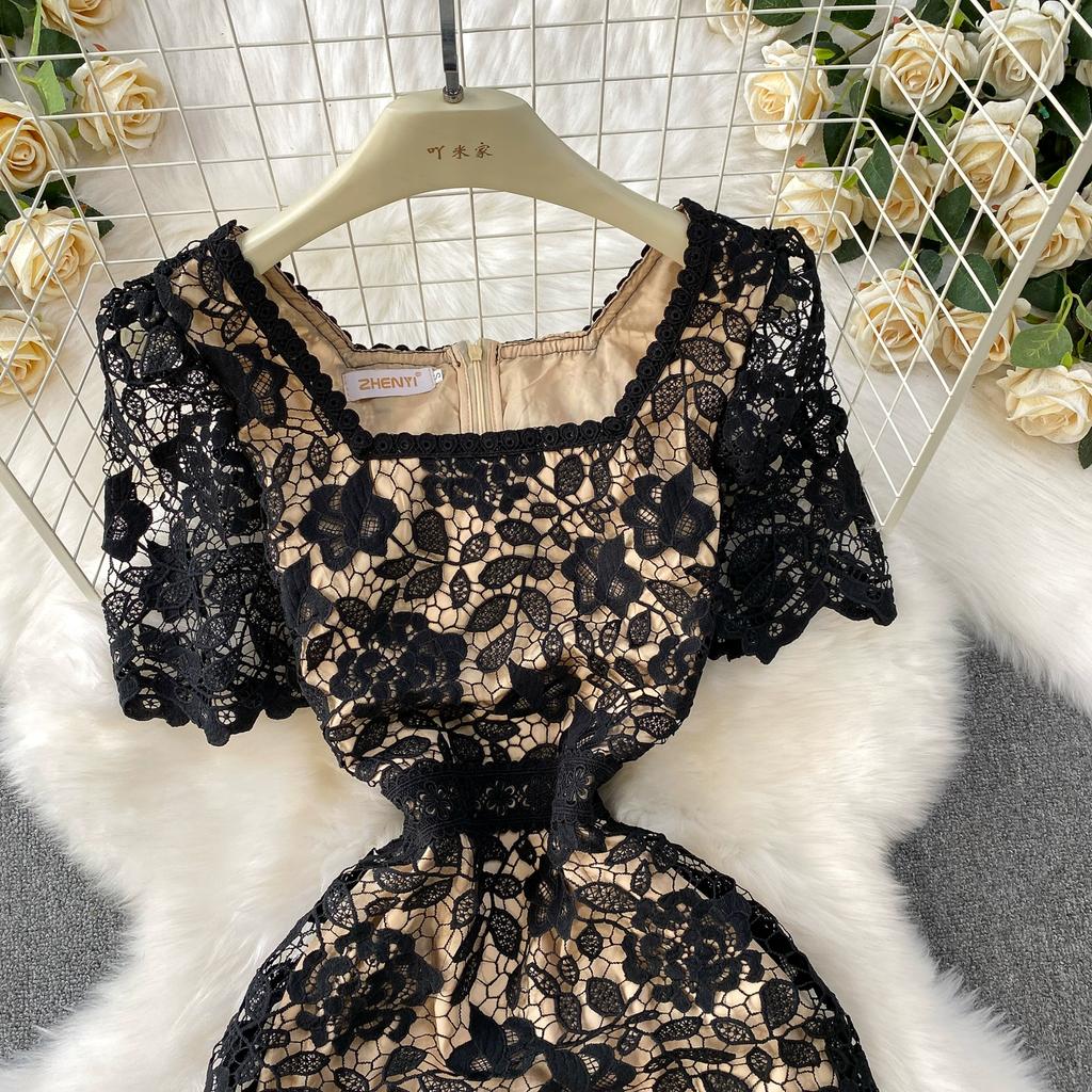 Summer Women Elegant Square Collar Embroidery Flower Lace Mesh Patchwork Long Maxi Slim Bodycon Party Dresses