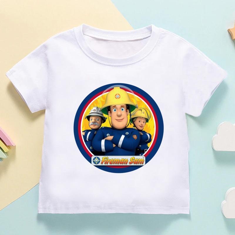 Fireman Sam Print Cartoon Cute Kids T shirt Girls Summer Tops Casual Baby Boys Clothes Children Short Sleeve O-Neck