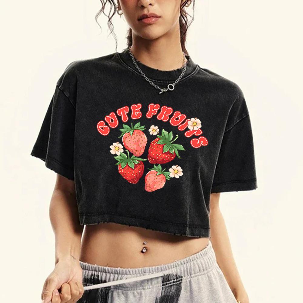 Fresh Strawberry Fruits Printing Women Washed Tops Summer T-Shirt O-Neck Slim Tee Shirts Soft Fitness Streetwear