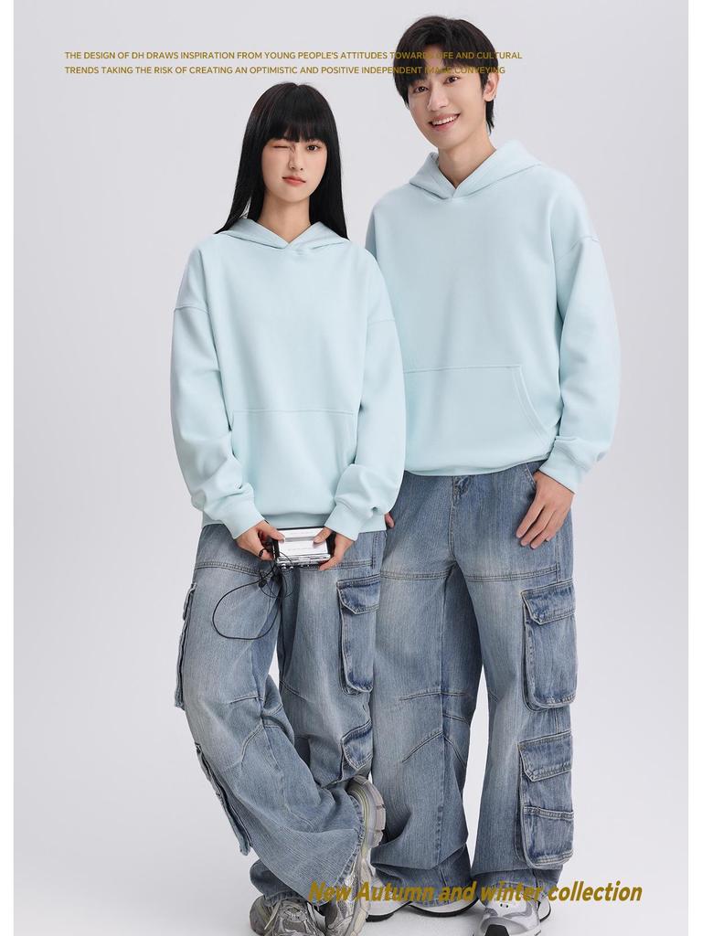 400g Heavyweight Five-Thread Liquid Cotton Solid Color Pullover Hoodie with Loose Drop Shoulders