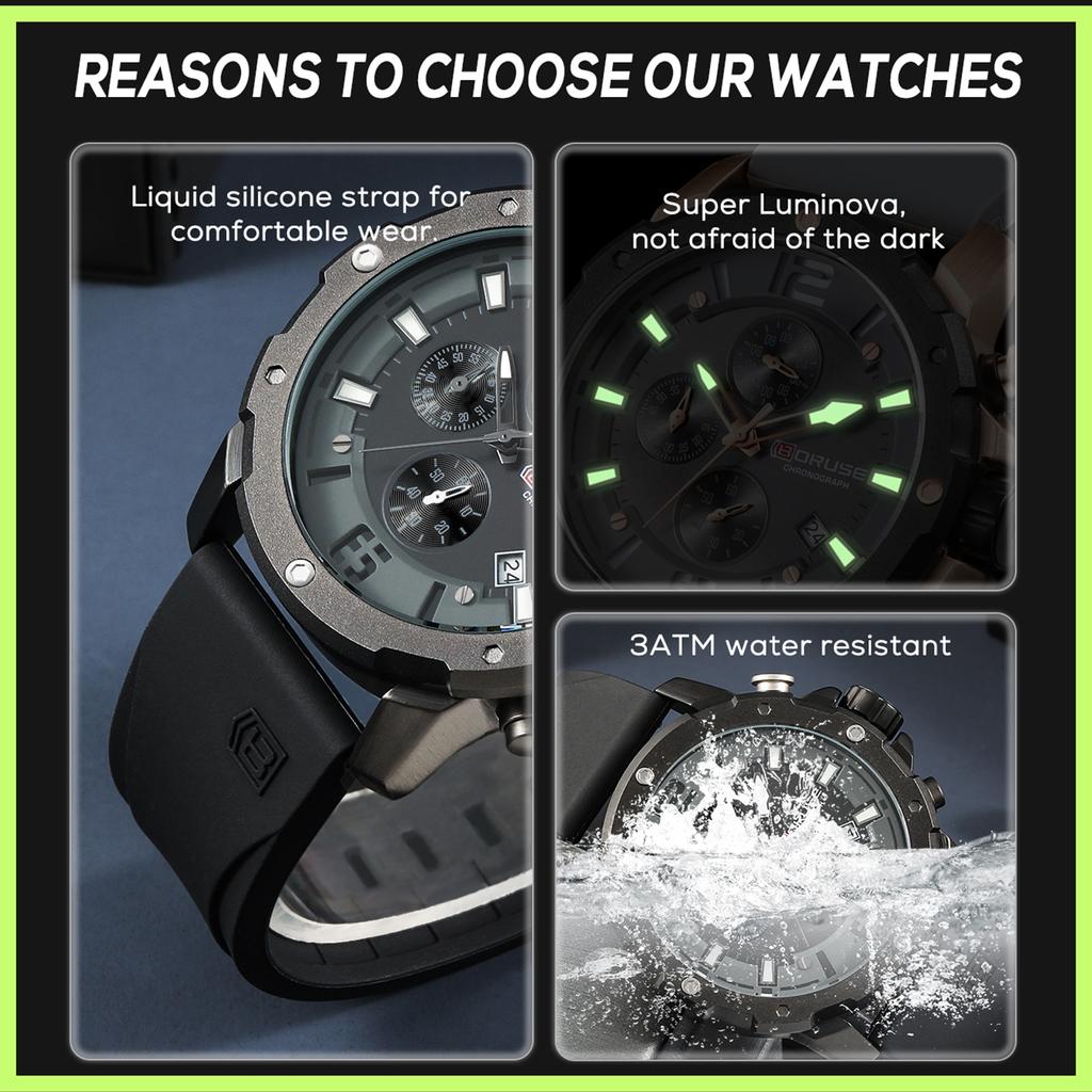 BORUSE Мужские часы Мужские часы с большим циферблатом Силиконовый ремешок Мужские кварцевые часы Классические деловые часы Многофункциональные часы-хронограф