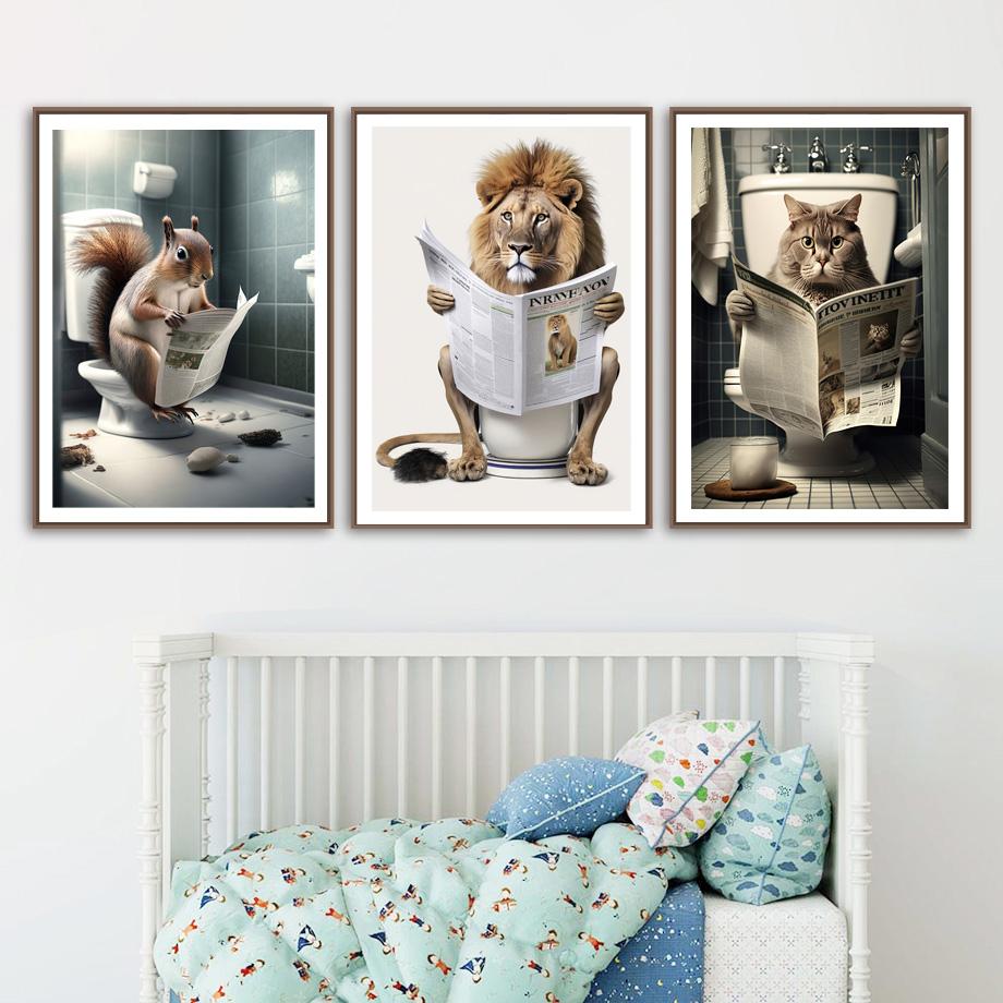 Забавный декор для ванной комнаты, животные, сидящие на унитазе и читающие газетный постер, слон, лев, носорог, художественный принт, холст, живопись