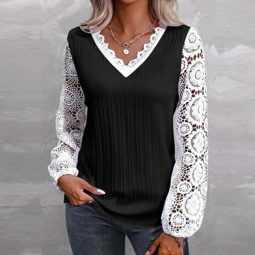 Women's Loose V-neck Lace Patchwork Long Sleeved Casual T-shirt Top
