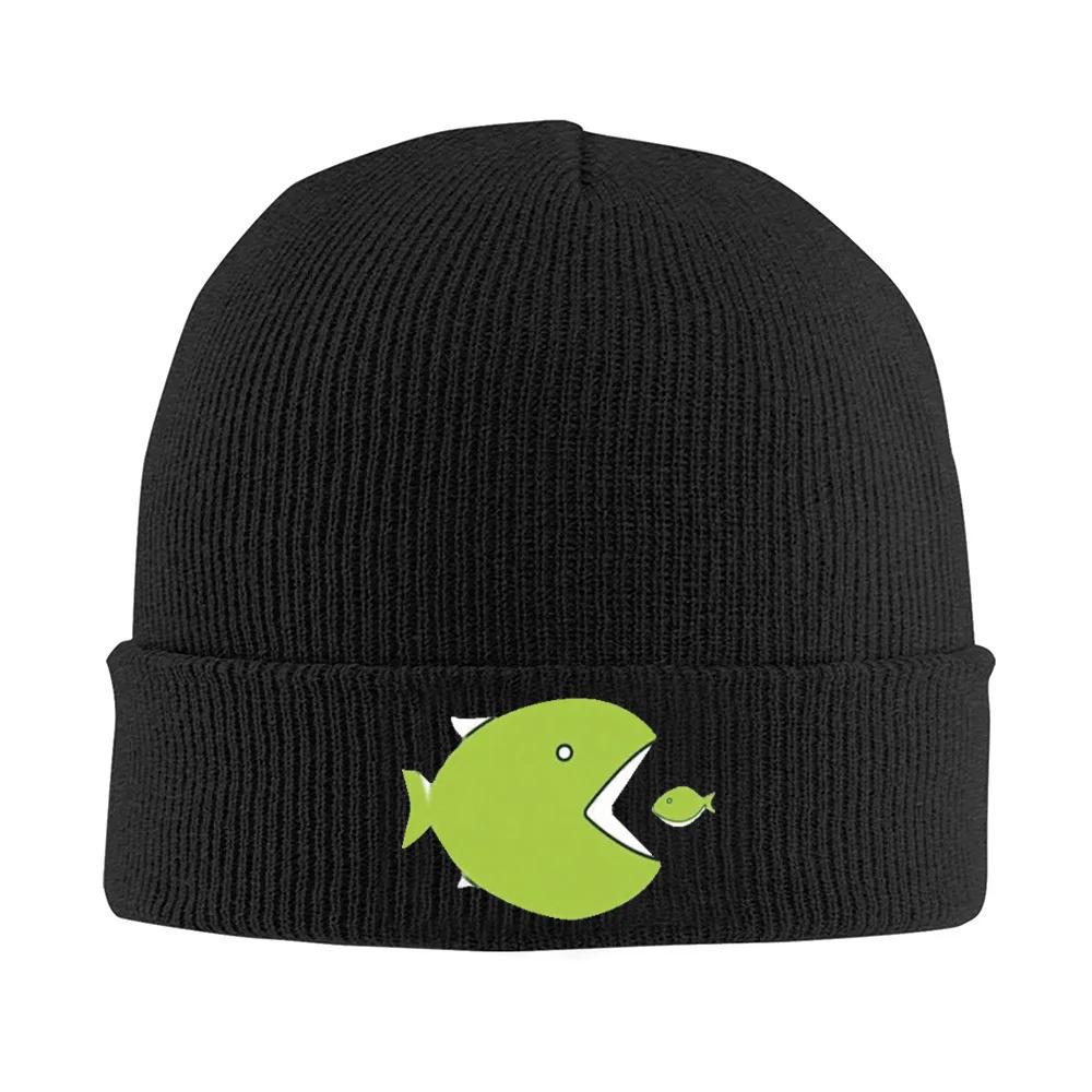 2026 Big fish eats small fish. Hungry design. Men Women Unisex Knitted Hat Beanie Pullover Cap Winter Thermal Warm Christmas Out