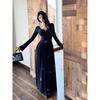 Womens Navy Blue Rhinestone V-Neck Long Sleeve Dress Slim Fit Sexy Pure Style
