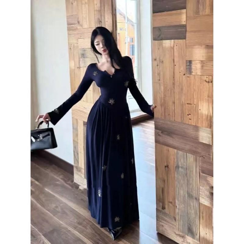 Womens Navy Blue Rhinestone V-Neck Long Sleeve Dress Slim Fit Sexy Pure Style
