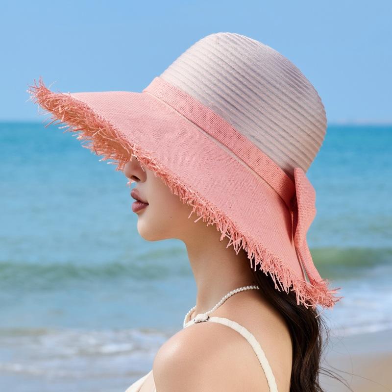 Summer Big Eaves Sunscreen Hat Women'S Big Eaves Straw Hat Vacation Wind Sunscreen Visor Travel Bow Bucket Hat