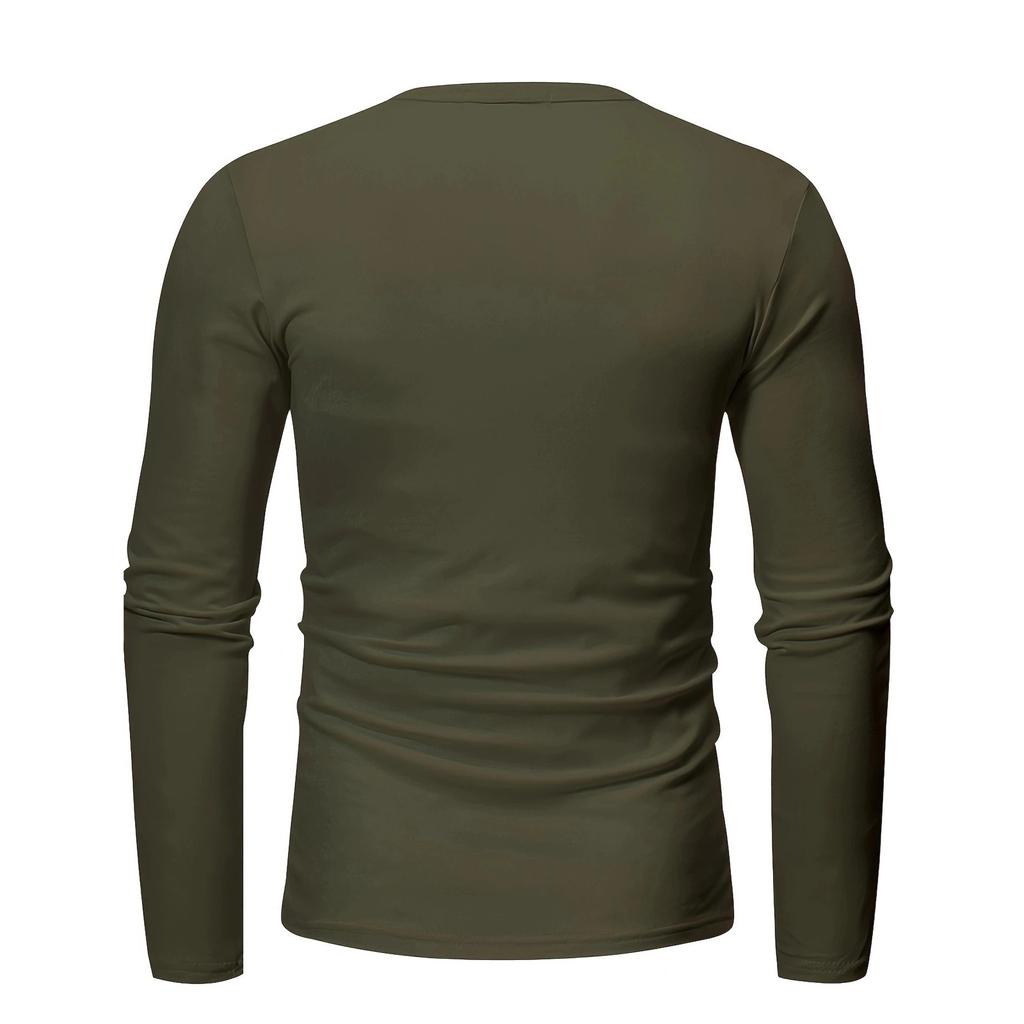 Men's Round Tie Button T-shirt Solid Color Casual Fashion Long-sleeved Top