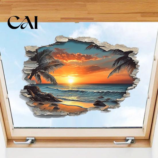 Durable Outdoor Wall Decorations 3D Beach Scenery Sticker, Sunset Coconut Tree Mural, PVC Waterproof Decal, Mural Decals Removable Art