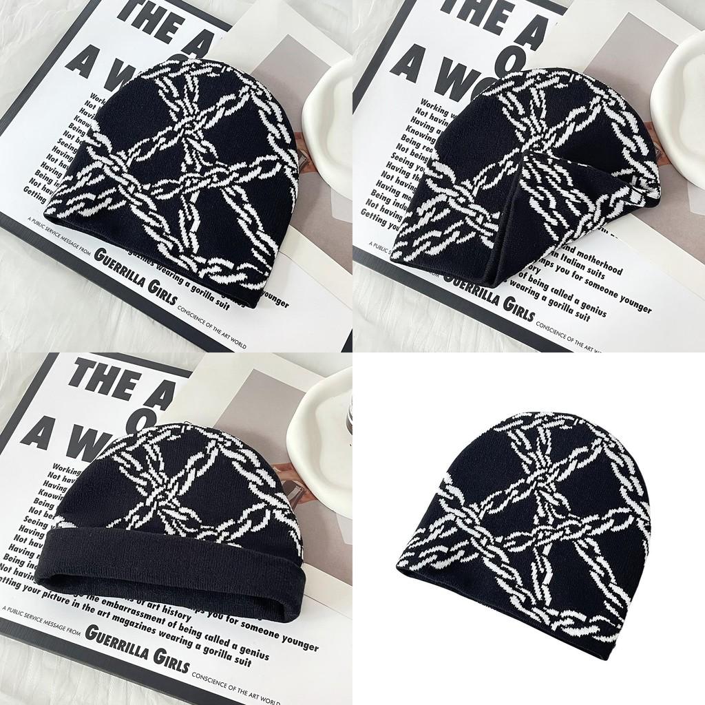 Y2k Goth Style Knit Hat With Chain Pattern For Streetwear And Hiphop Fans