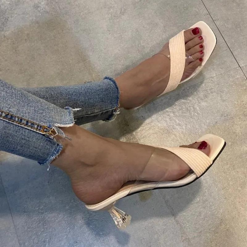 Comemore 2024 Женские тапочки Женские модные туфли на высоком каблуке Прозрачные элегантные летние босоножки на среднем каблуке для девочек Женская обувь 34