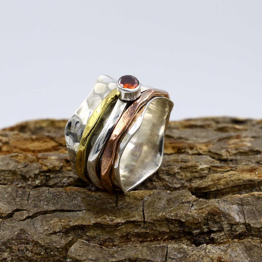 Garnet Gemstone Ring, 925 Sterling Silver Ring, Three Tone Ring, Bohemian Ring, Designer Ring, Wedding Gift