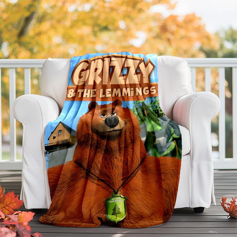 1pc Grizzy The Lemmings1 Theme Blanket - Digital Print, Polyester, Cozy for All Seasons, Perfect for Outdoor, Camping, and Travel