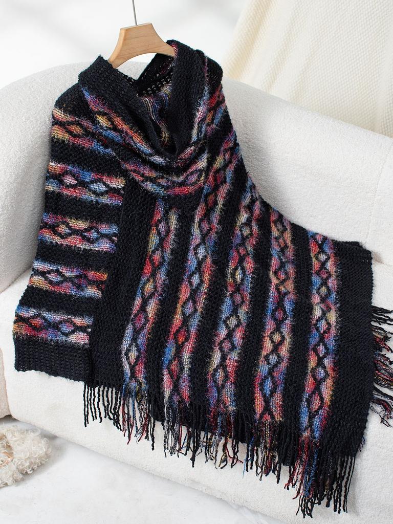 Women's Autumn and Winter Large Size Cover Color Striped Hooded Knitted Tassel Cape Loose Sweater Top for Women 6 Colors