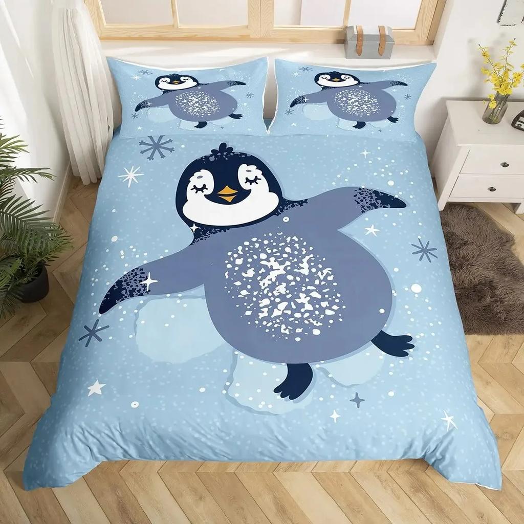 Penguin Duvet Cover Set Full Cute Animals Bedding Set Snow Decor Comforter Cover Set Cute Penguin Animal Quilt Cover Queen Size
