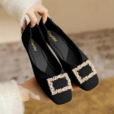 Мода Большой Размер 35-43 Женские Туфли Балетки с Пряжкой и Жемчужной Отделкой, Полосатая Ткань, Женские Лоферы на Мягкой Подошве, Удобные Мокасины для Ходьбы Босиком