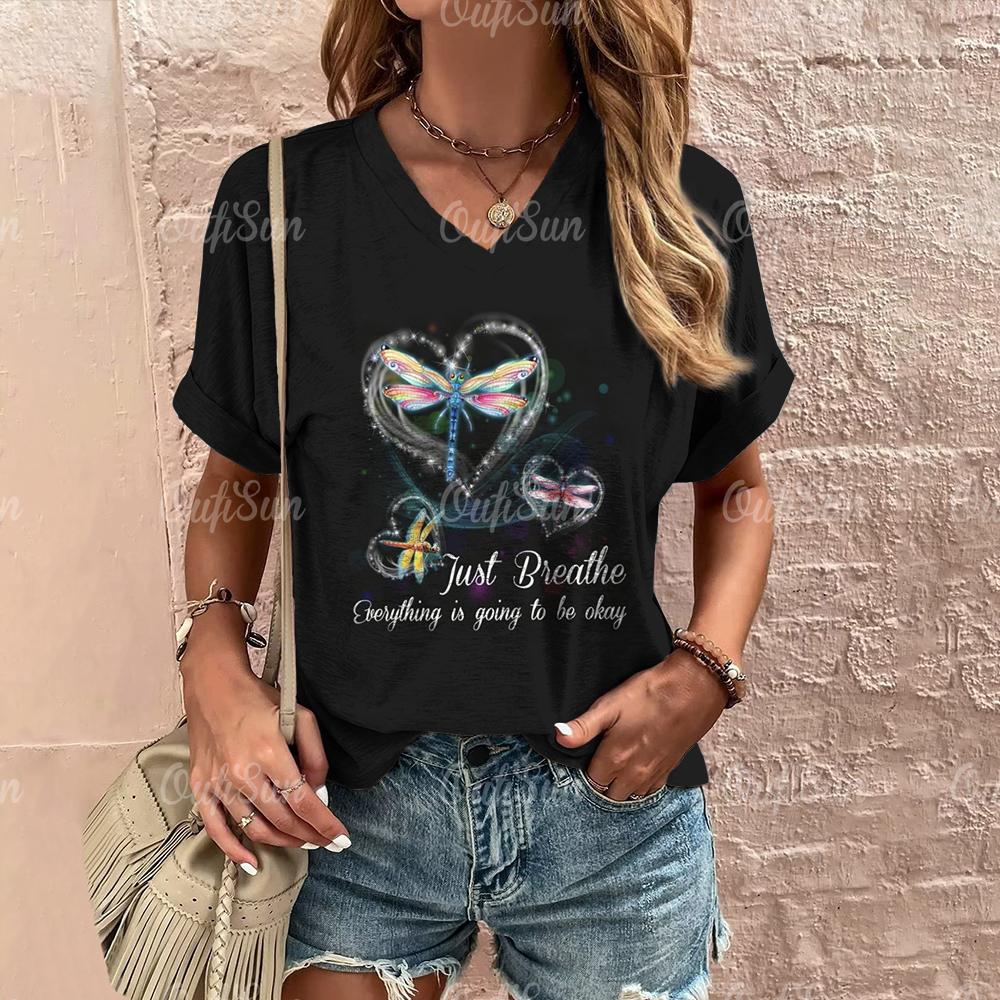 Women's T Shirt Fashion Butterfly Pattern Print Summer Short Sleeve Oversized Clothing Street Casual V Neck Female T-Shirt