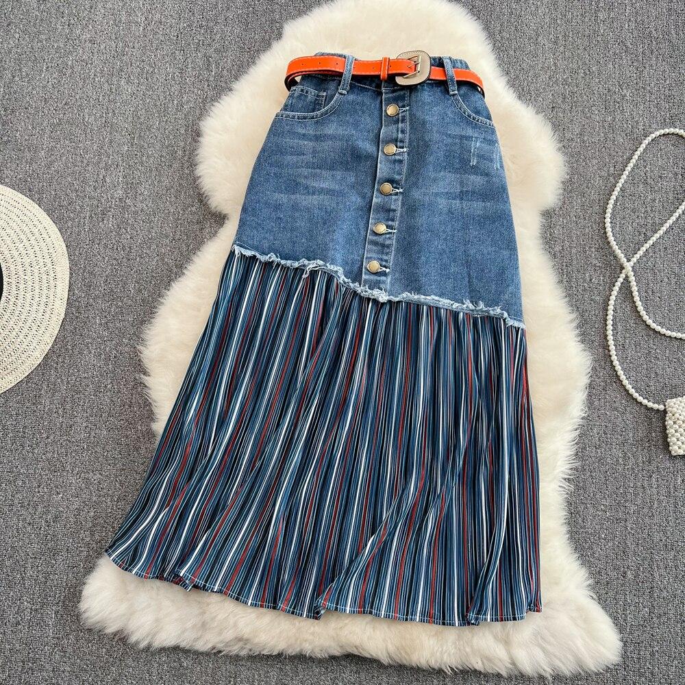 Design Sense Draped and Versatile Chiffon Pleated Stitched Denim Skirt In Spring, Thin and Irregular Medium Length A-line Skirt