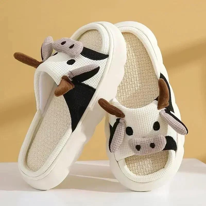 Seasons Universal Indoor Home Cotton Linen Sandals Cute Cartoon Cow Linen Slippers Non-slip Winter Couple Home Cotton Slippers