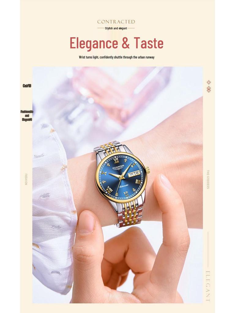 Женские минималистичные водонепроницаемые часы со швейцарскими стразами, двойным календарем, люминесцентным циферблатом и стальным браслетом.