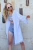Women's Kimono&Kaftan New Season Fashion White Tassel Detailed Knitted Crinkle Kimono