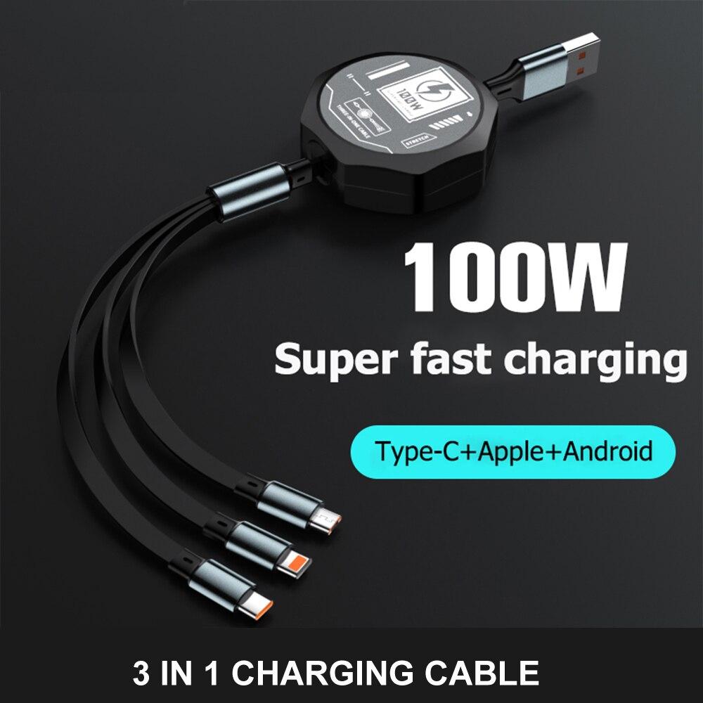 3 в 1 выдвижной USB-кабель 100 Вт для быстрой зарядки и передачи данных Micro USB Type C для Iphone Android Phone Xiaomi Huawei OPPO