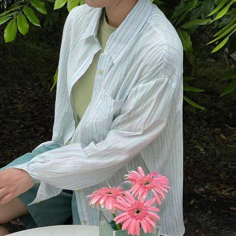 Элегантные повседневные рубашки с длинным рукавом для женщин, солнцезащитные, в стиле ретро, шикарные, в полоску, свободные женские блузки, топы, модные, простые, тонкие, с лацканами, женские рубашки, топы 26118