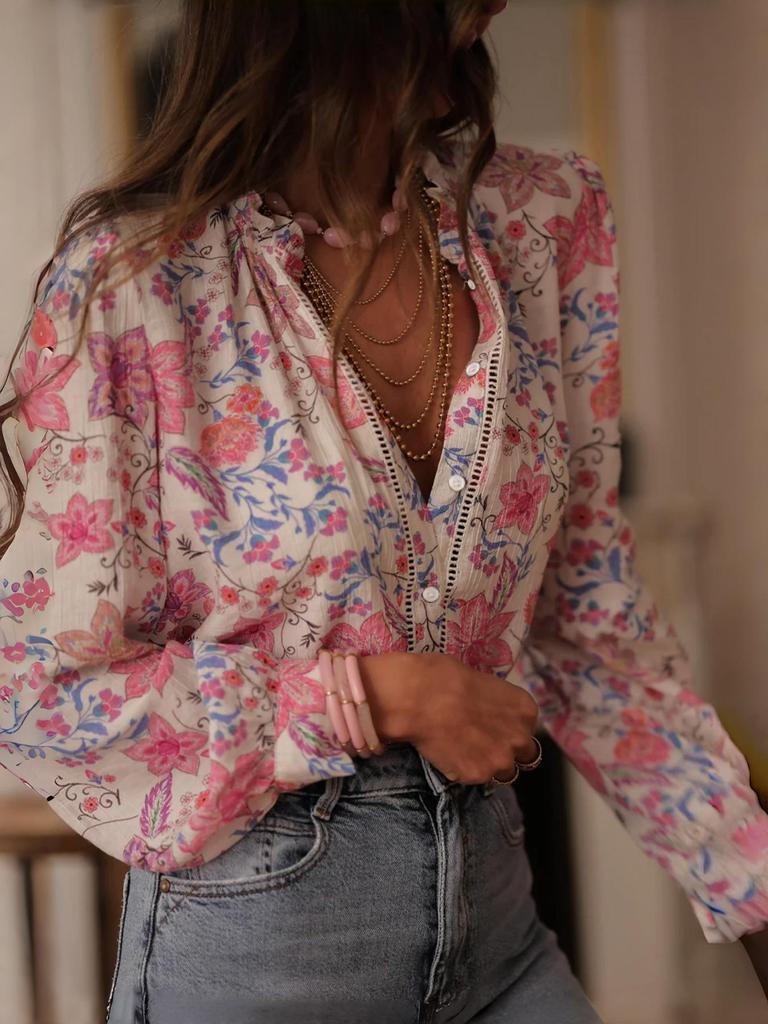 2026 Новая женская повседневная элегантная рубашка с V-образным вырезом, принтом, из ледяного шелка