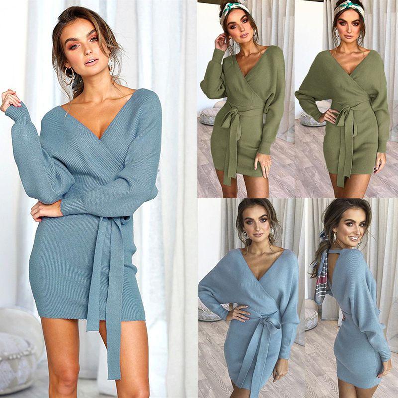 Элегантное женское облегающее платье-джемпер с V-образным вырезом, длинными рукавами и поясом-завязкой