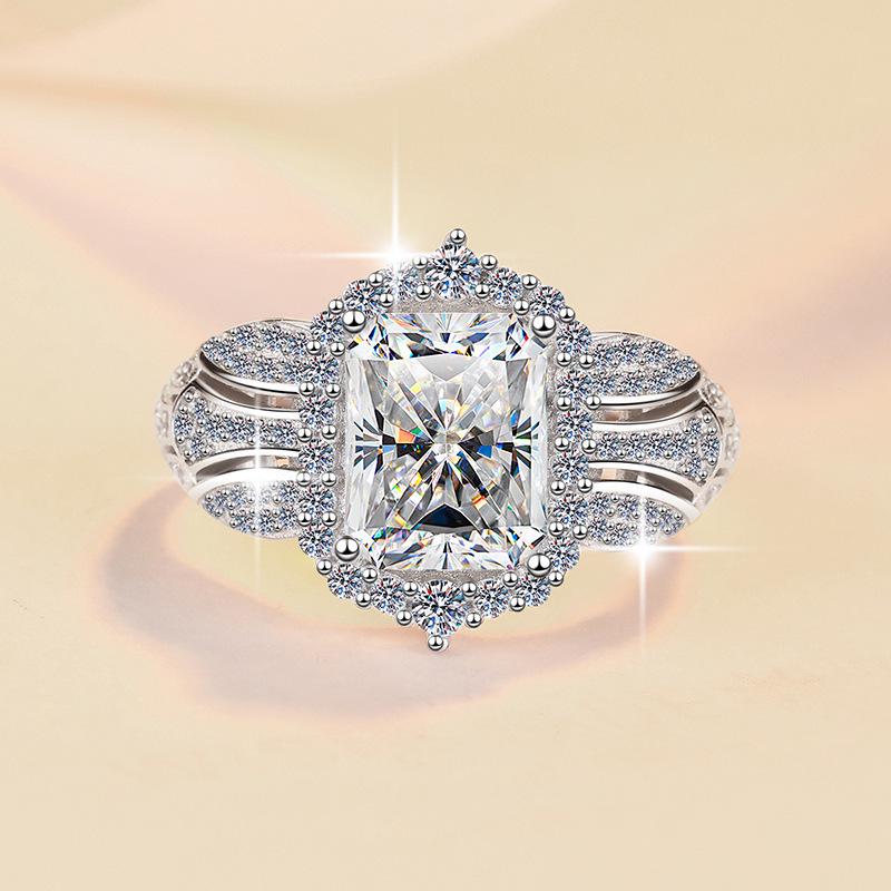 Radiant 3CT D Color Moissanite Emerald Cut Ring in Sterling Silver